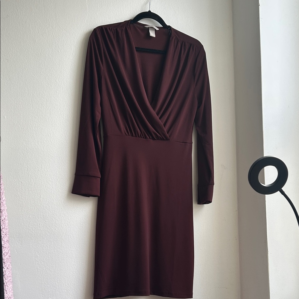 H&M Deep Red Burgundy Long Sleeve Dress with faux wrap top part
